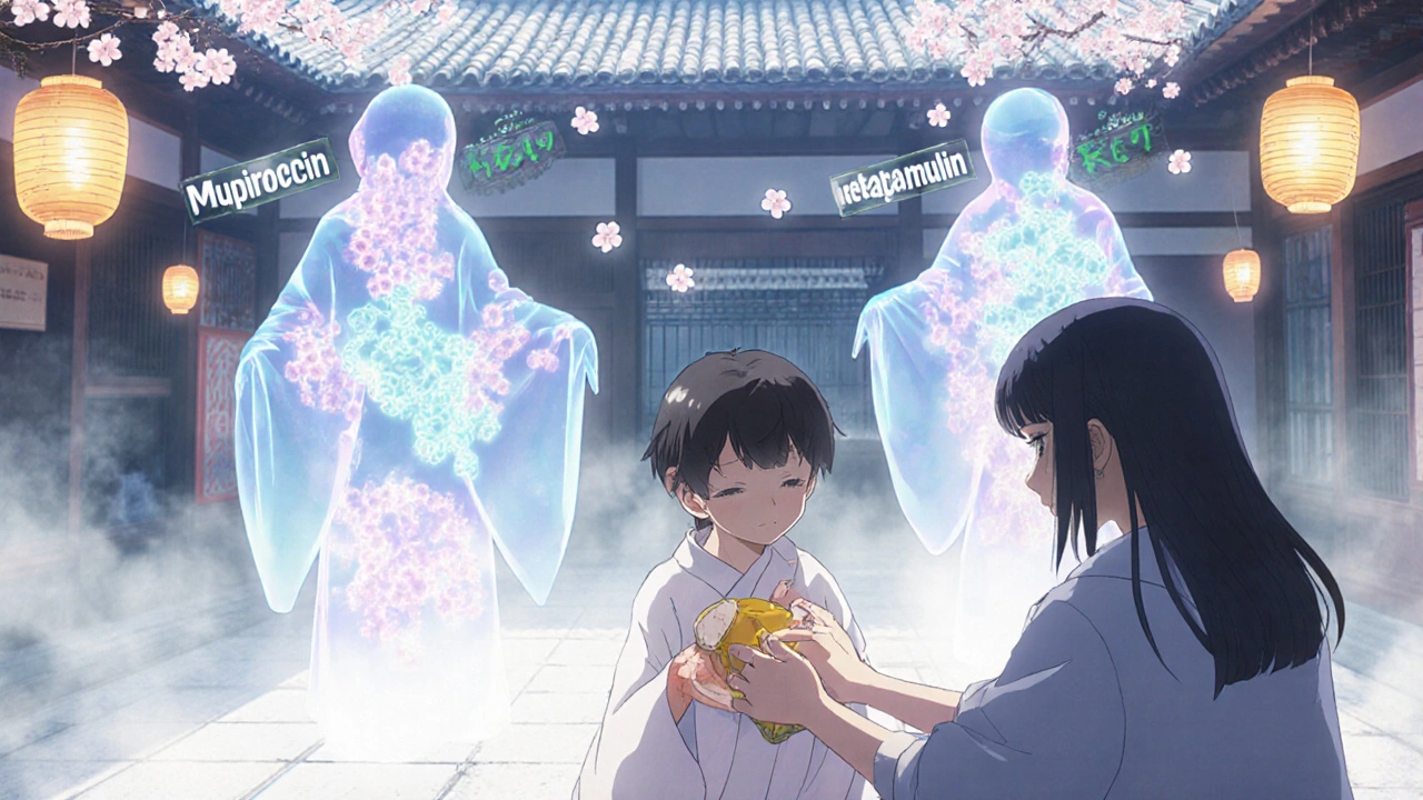 A child’s wound covered in medical honey, bacteria dissolving into blossoms, symbolizing natural healing and antibiotic alternatives.