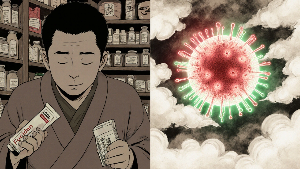 A patient receiving Fucidin and Medihoney as alternatives to Bactroban, with bacteria symbols fading in the background.