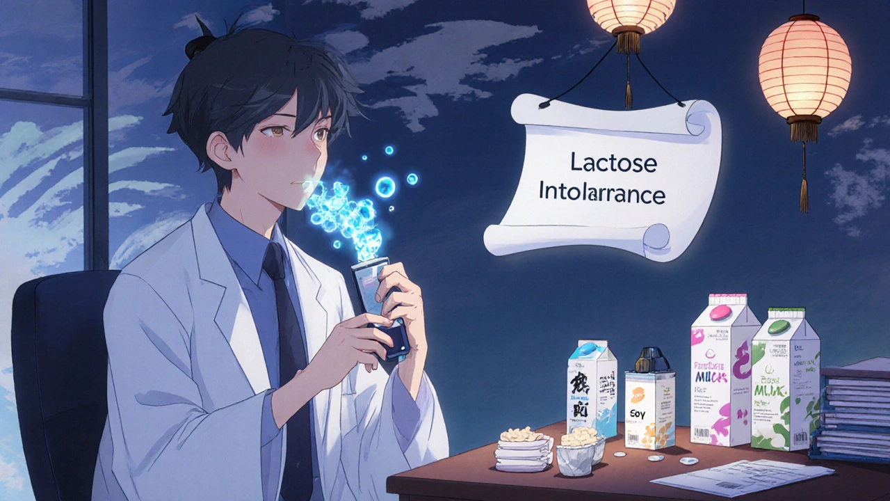 A patient takes a hydrogen breath test while lactase pills and plant-based milks glow beside ignored pancrelipase bottles.