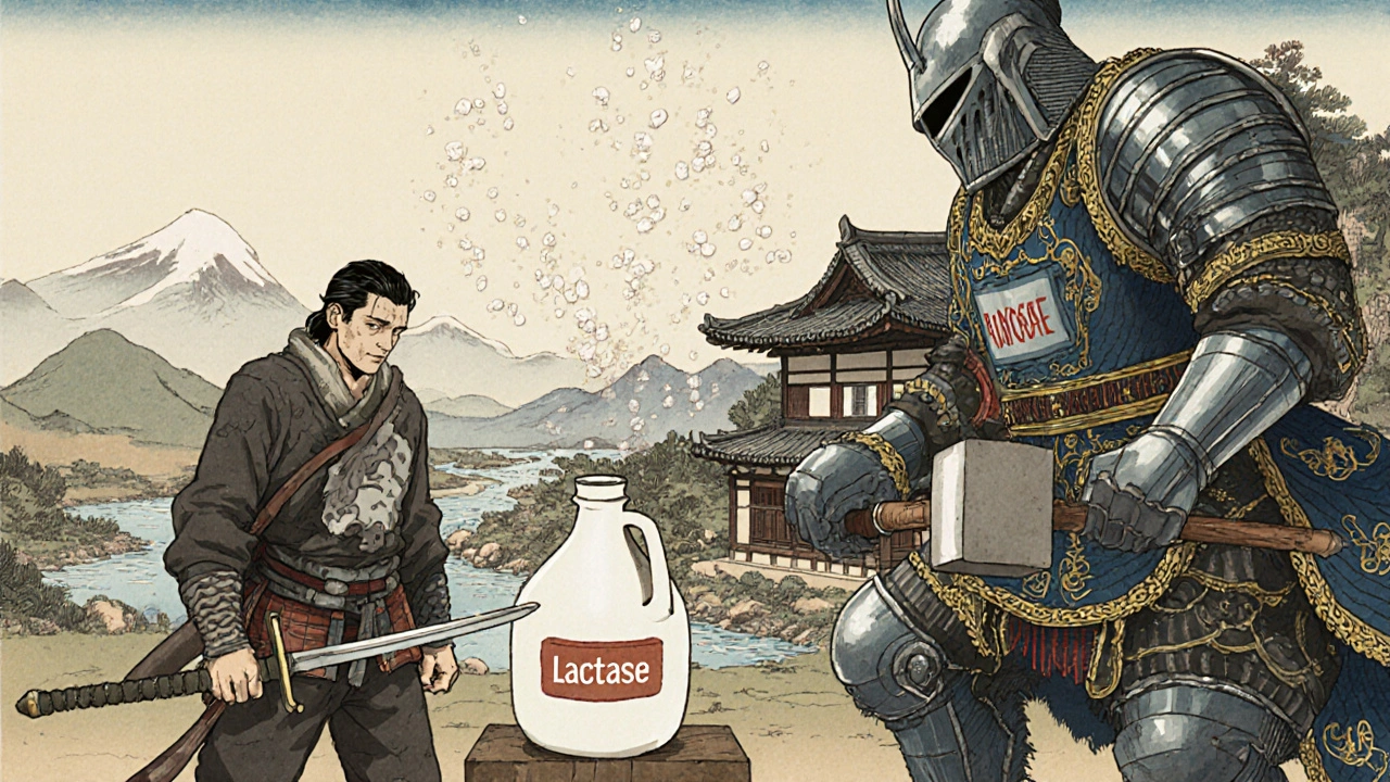 A warrior named Lactase successfully breaks down lactose, while a misplaced knight with a hammer fails to affect the milk jug.