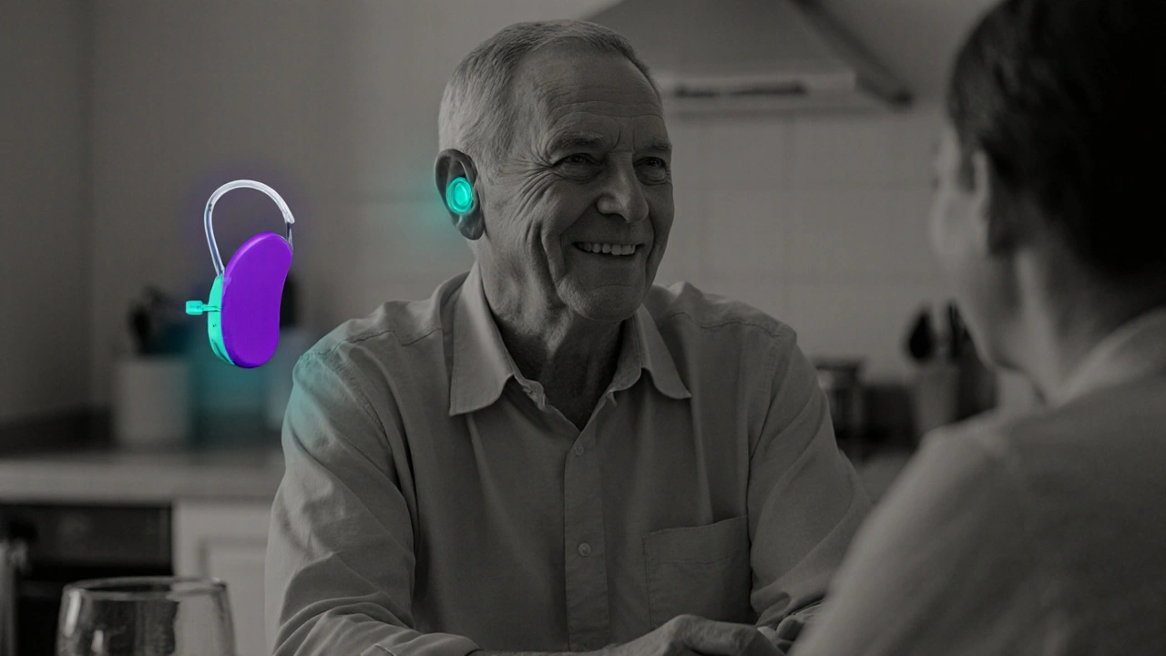 Adult at kitchen table wearing a teal-highlighted hearing aid, with a violet cochlear implant silhouette.