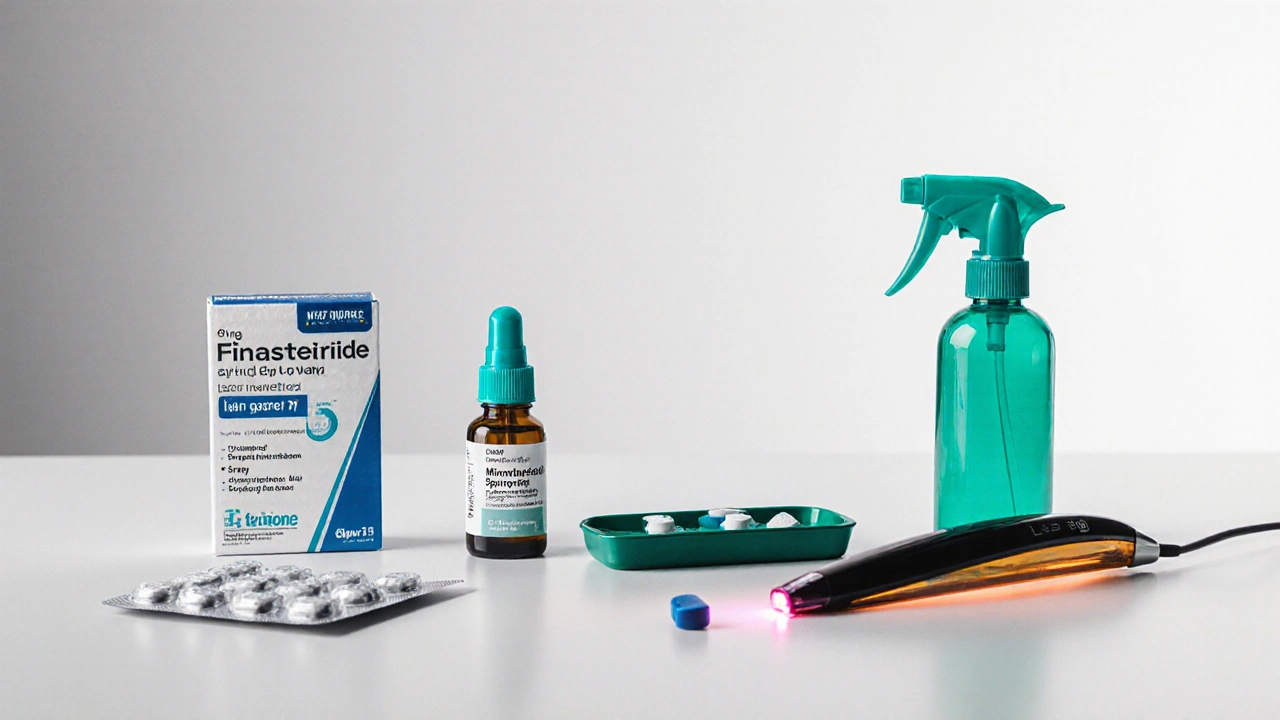 Arrangement of various hair‑loss treatments on a countertop.