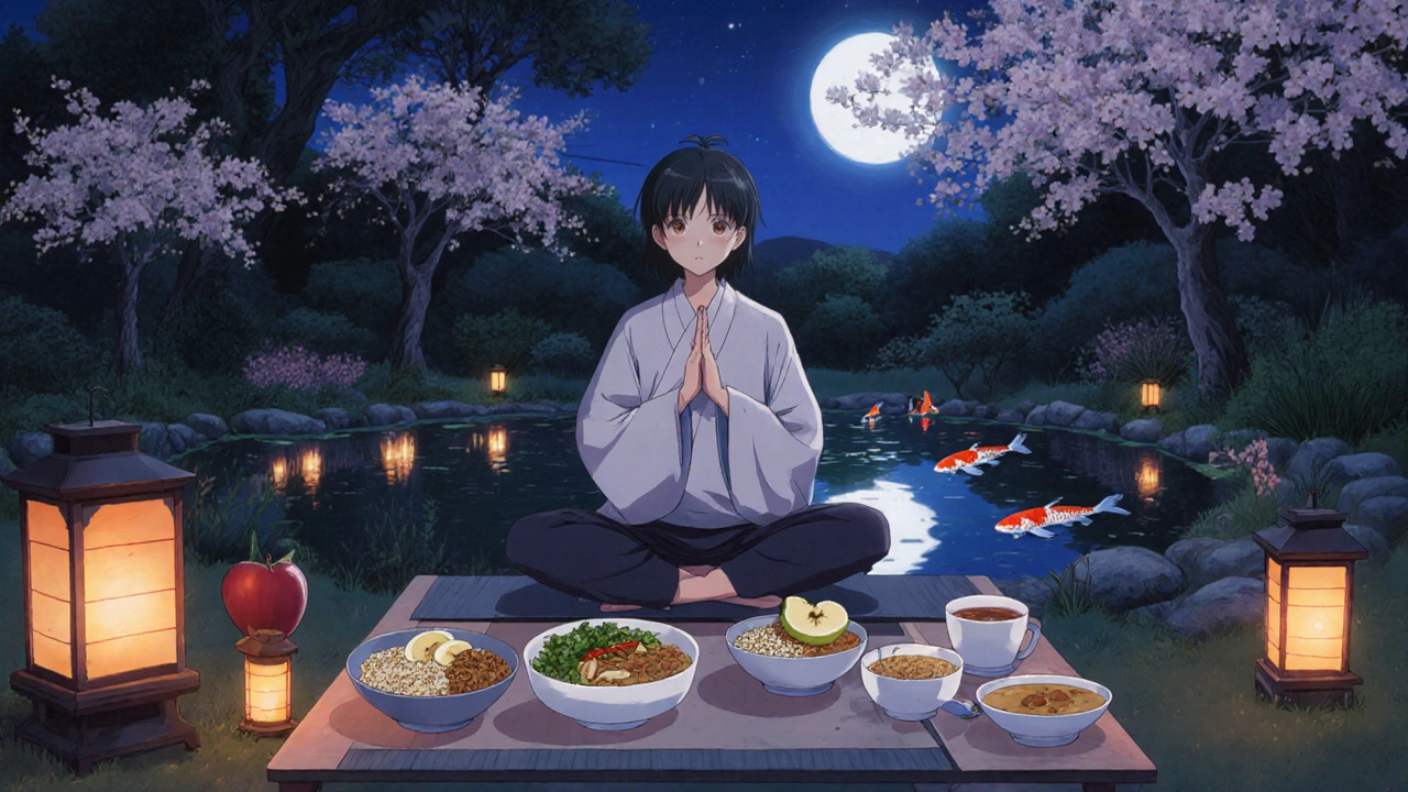 Calm garden yoga scene with balanced vegan meal, lantern light, and peaceful atmosphere.