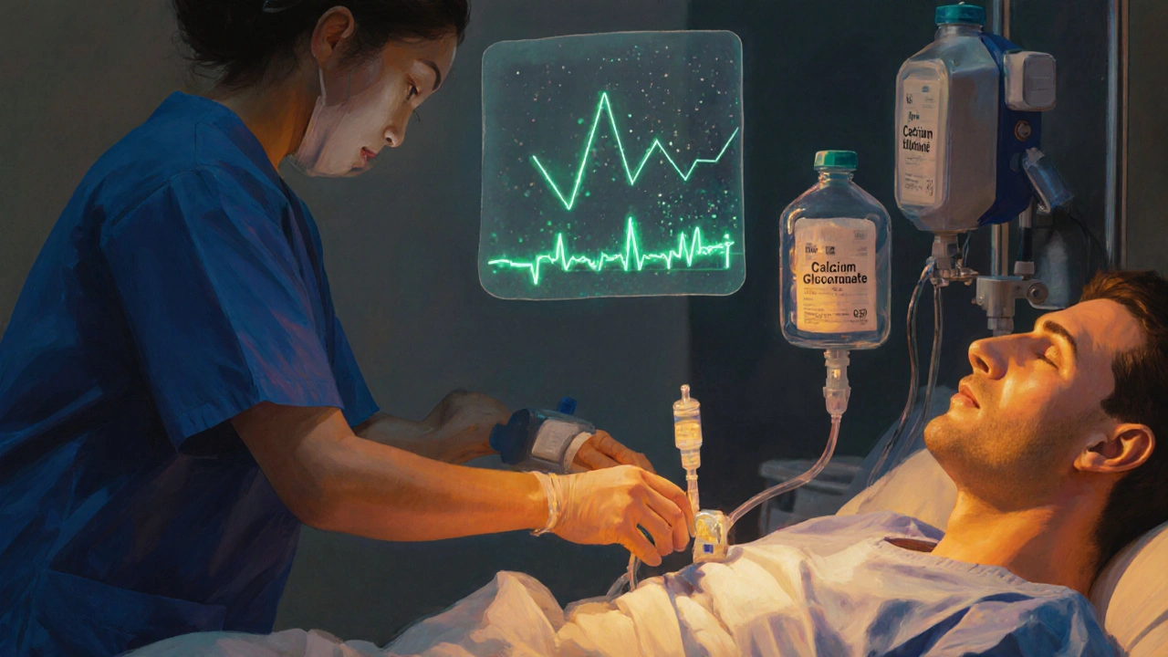 Clinician giving calcium gluconate IV, magnesium sulfate drip, vitamin D via NG tube, and CRRT machine nearby.