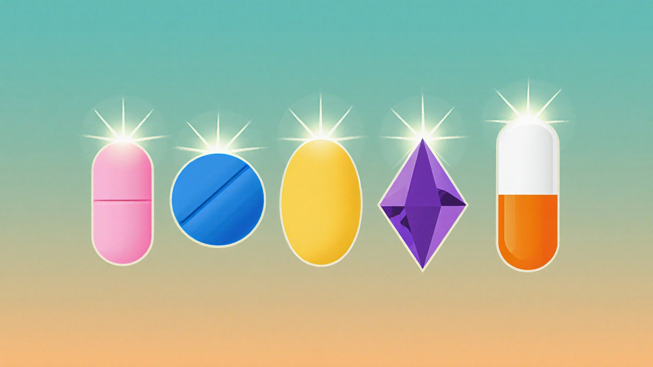 Colorful row of five different ED pills on a gradient background indicating duration.