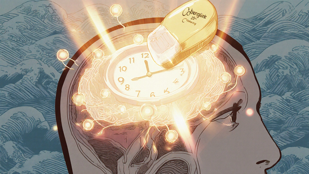 Cross‑section of head showing hypothalamus, dopamine pathways, and a floating pill.
