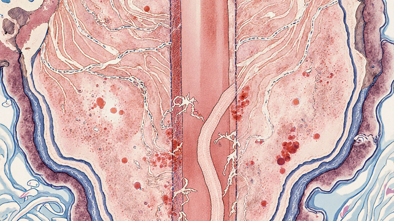 Cross‑section view of vaginal tissue showing frayed collagen, sparse glycogen, and reduced blood flow.