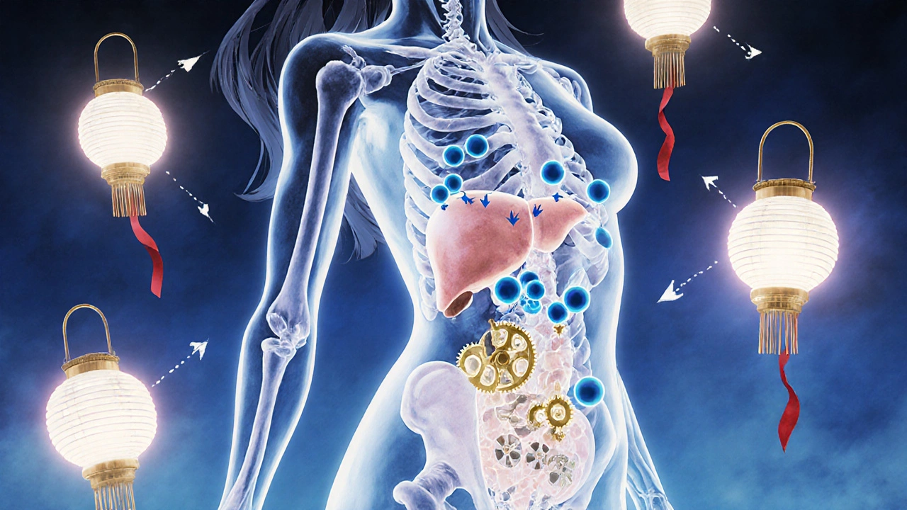 Cutaway view of body showing anastrozole blocking aromatase enzymes.