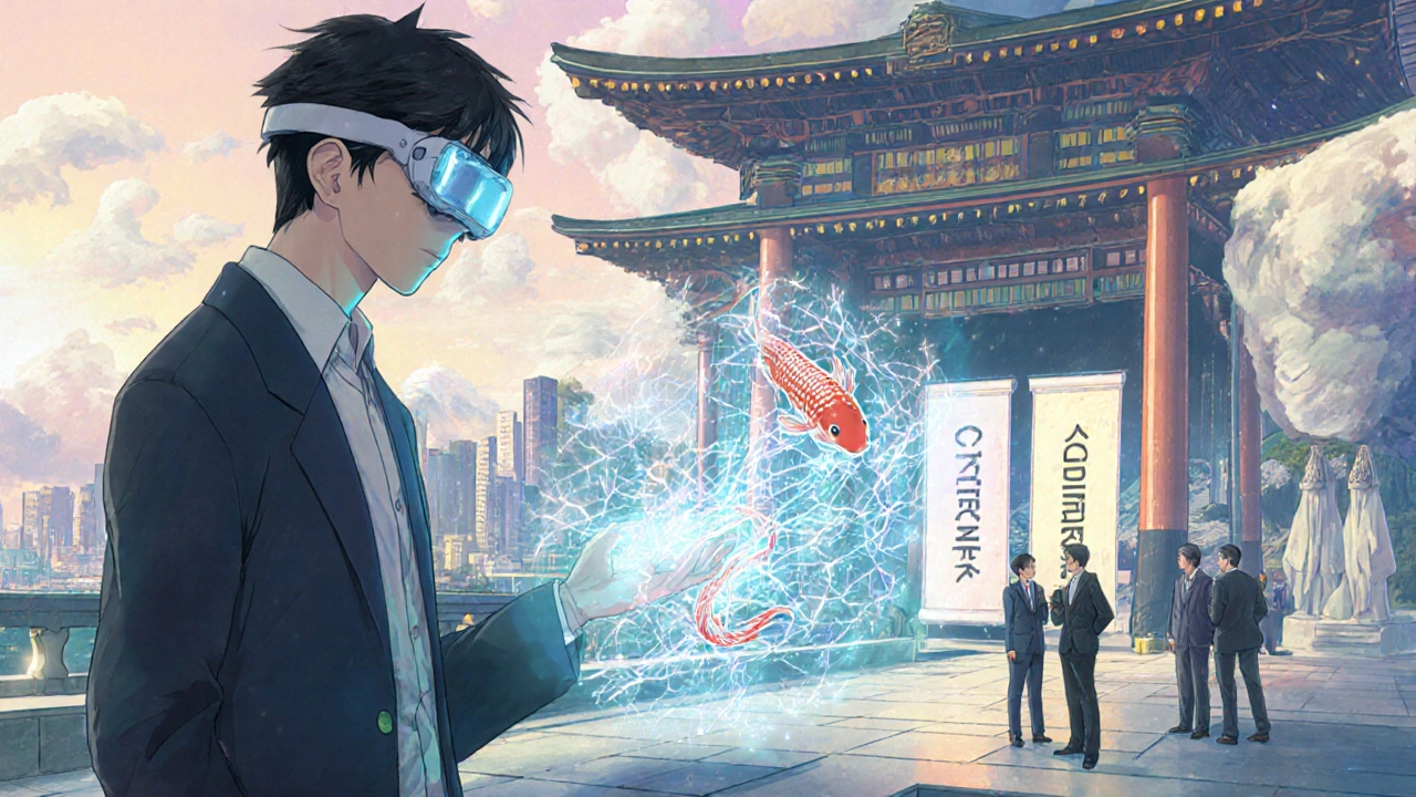 Data scientist interacting with an AI avatar projecting patient data, with regulators reviewing information in a futuristic hall.