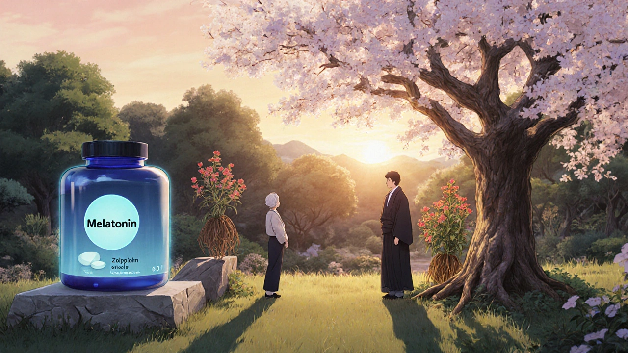 Dawn garden scene with melatonin cherry tree, valerian plant, Zolpidem bottle, and an elderly person choosing.