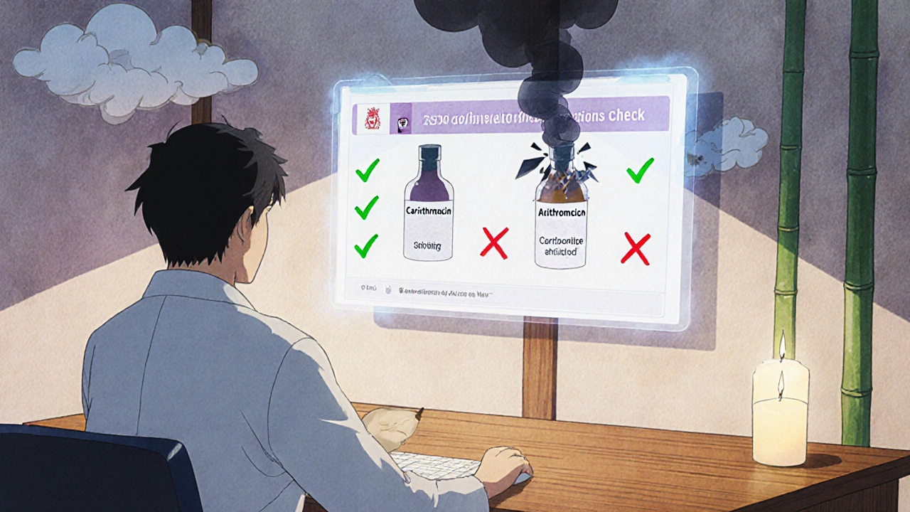 Doctor and patient reviewing drug interaction checker with safe and unsafe antibiotics floating nearby.