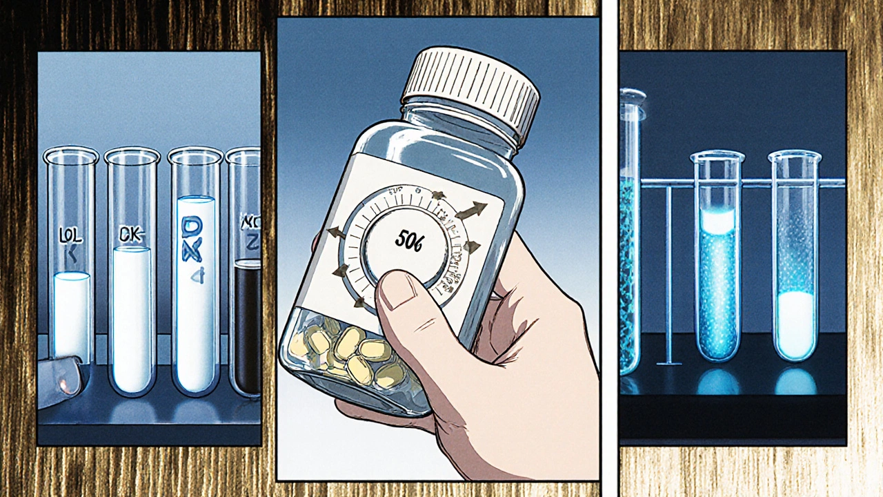 Hand adjusting statin dose with arrows and lab test tubes illustrating tapering steps.