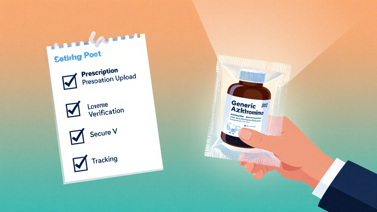 Hand opening parcel of azithromycin with floating checklist of purchase steps.