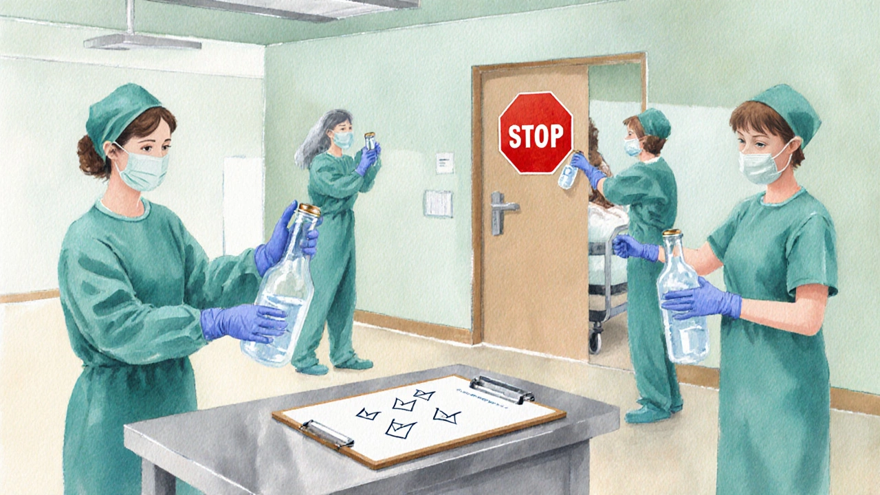 Hospital staff in PPE test water, isolate patient, and document infection‑control steps.