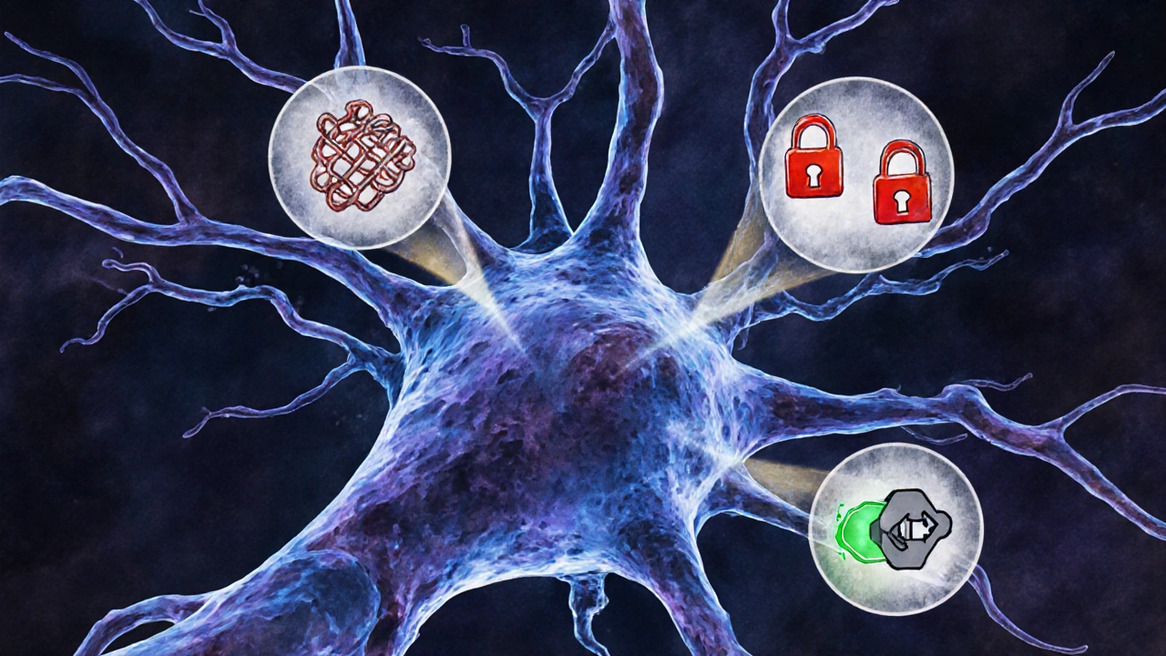 Illustration of a neuron showing Amantadine boosting dopamine and blocking NMDA receptors.