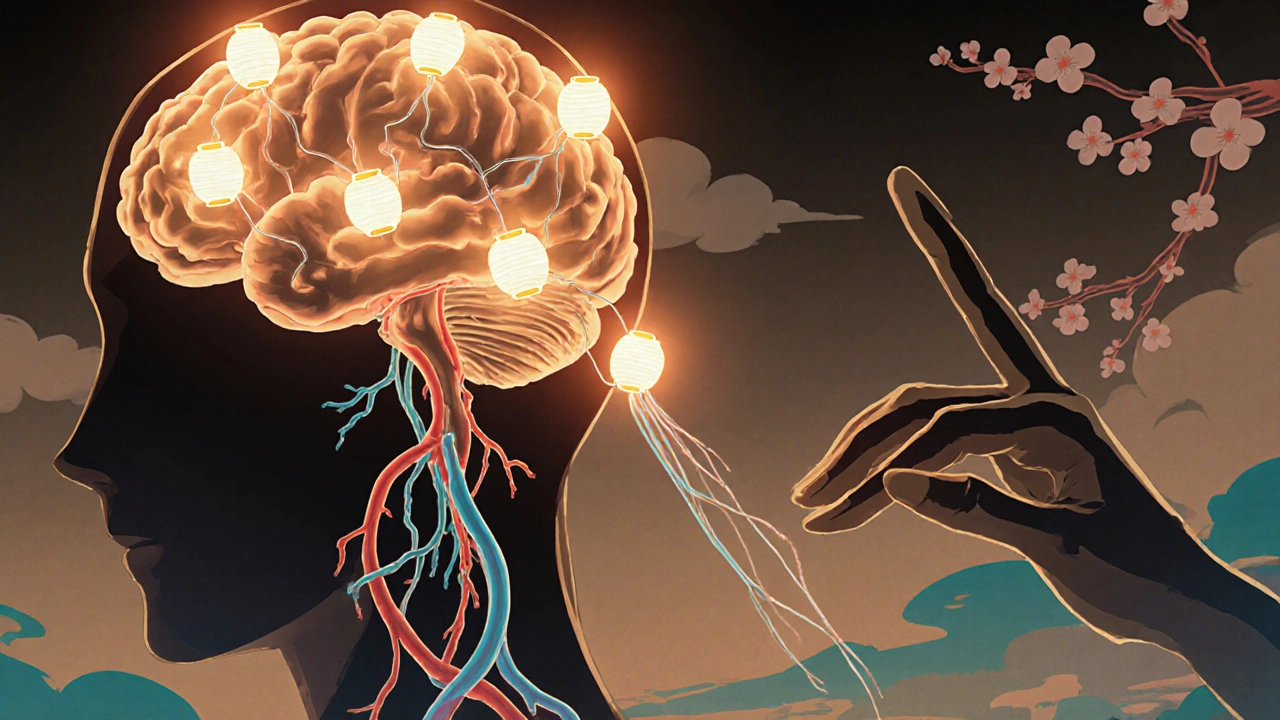 Illustration of brain signaling GABA‑B receptors relaxing finger arteries.