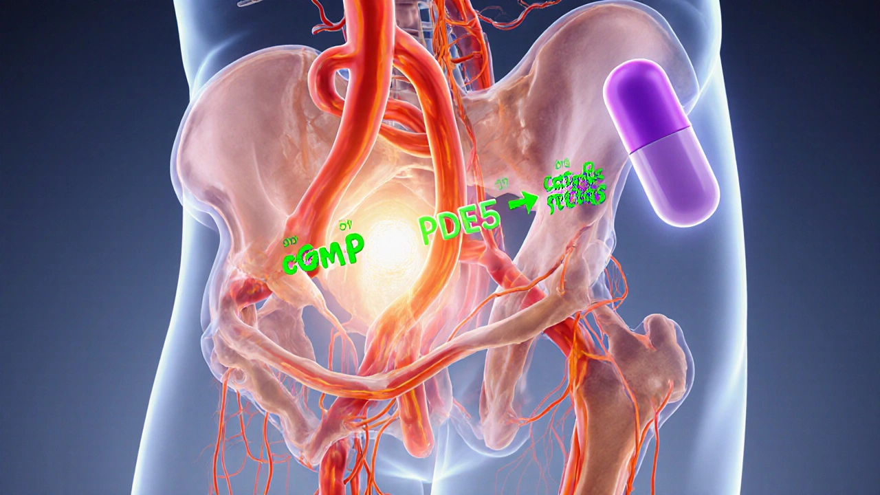 Illustration of penile blood flow showing PDE5 inhibition and cGMP retention.