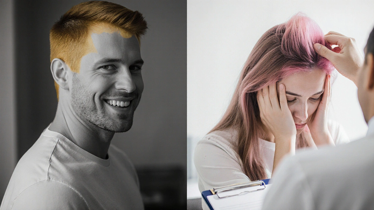 John and Maria showing hair regrowth in a doctor&#039;s office.