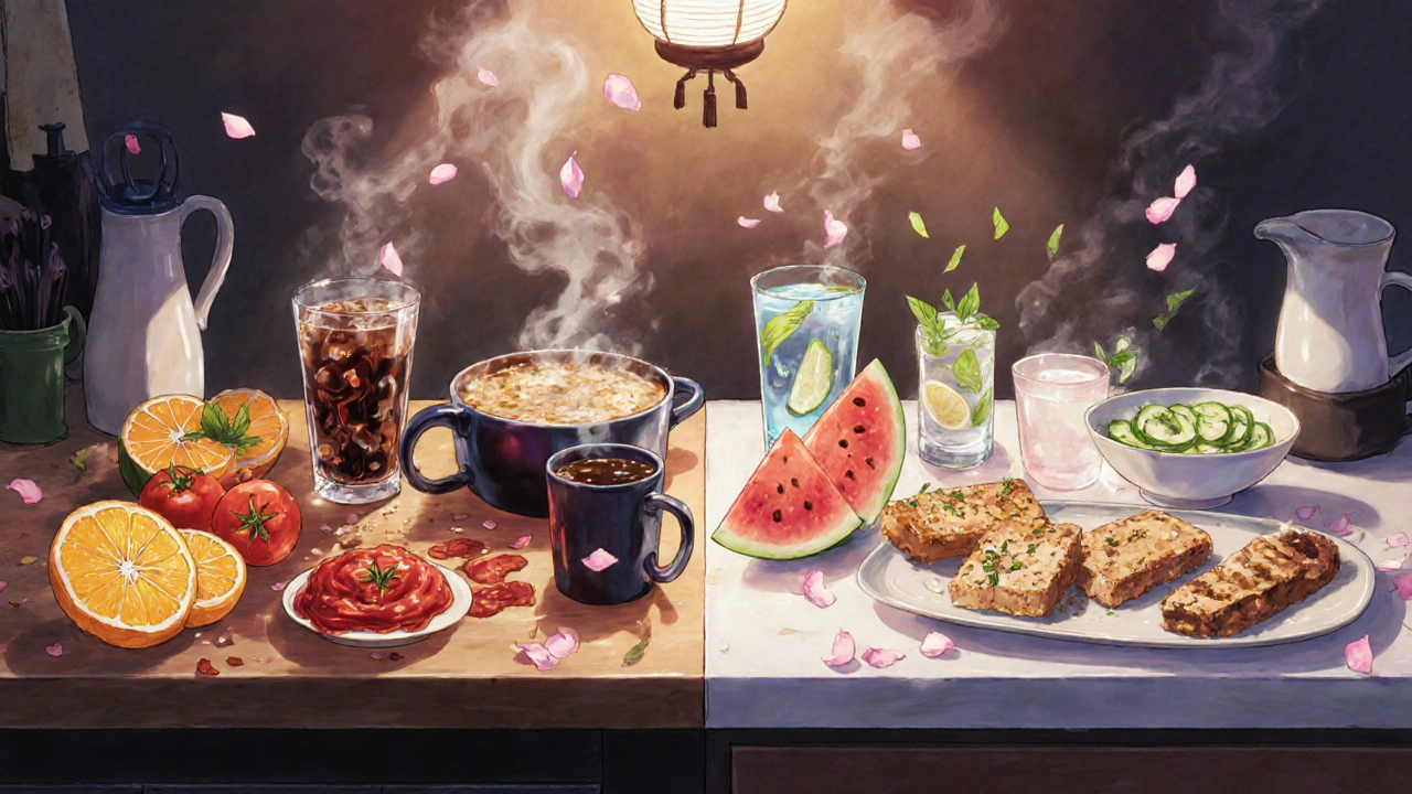 Left side shows acidic vegan foods; right side displays soothing low‑acid alternatives in a kitchen split scene.