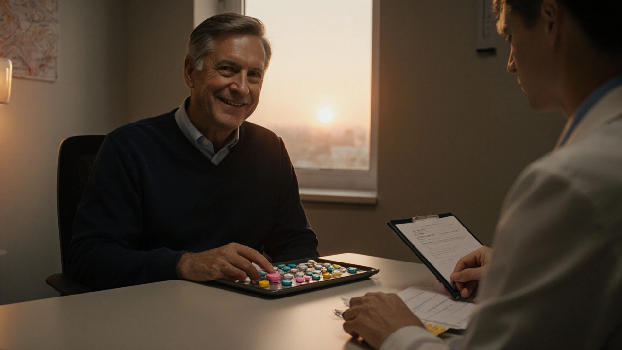 Man consulting a doctor about medication options with pill packs on a tray.