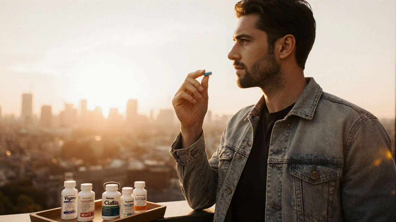 Man on a balcony holding a Cenforce tablet, sunrise backdrop, contemplating options.