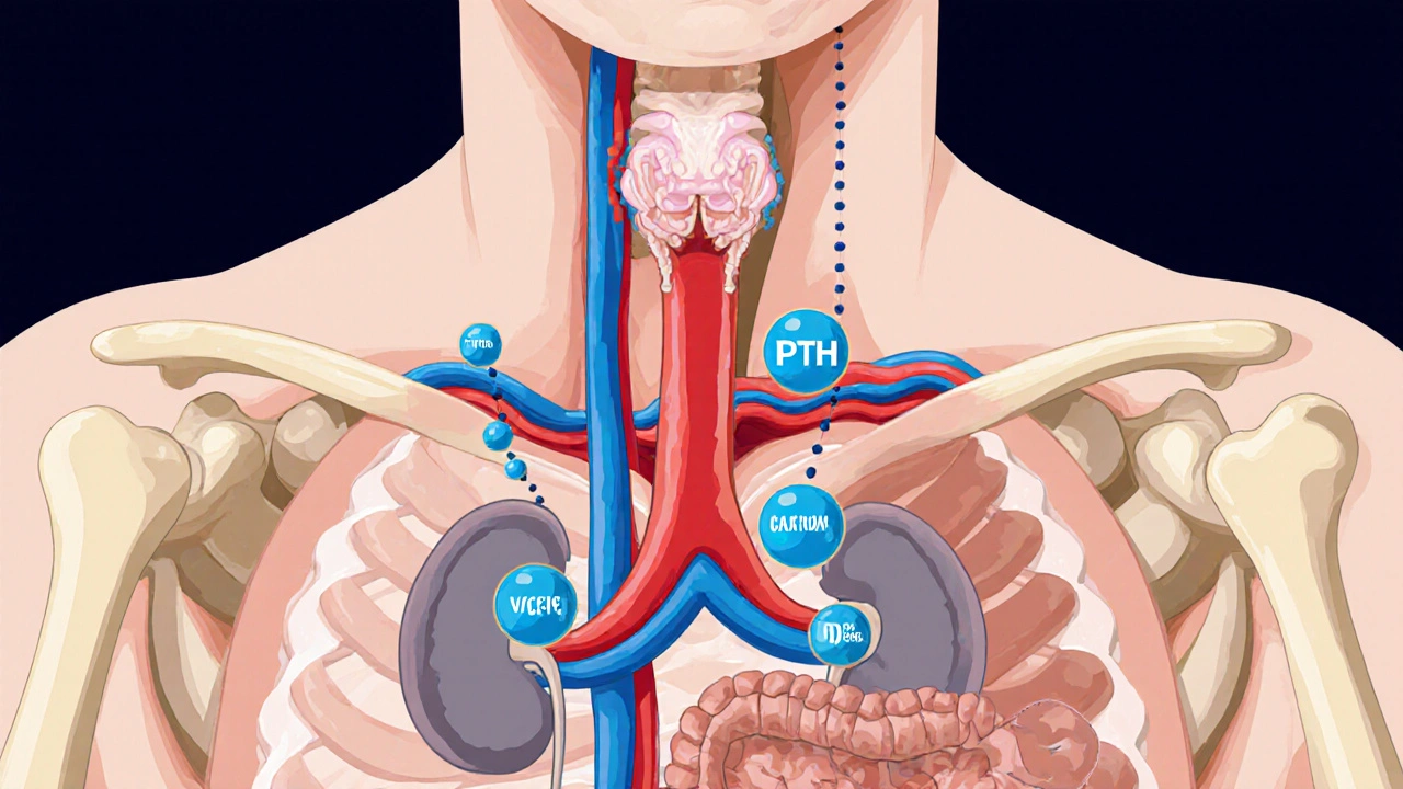 Medical illustration of calcium ions, albumin‑bound calcium, parathyroid hormone, kidneys and intestines.
