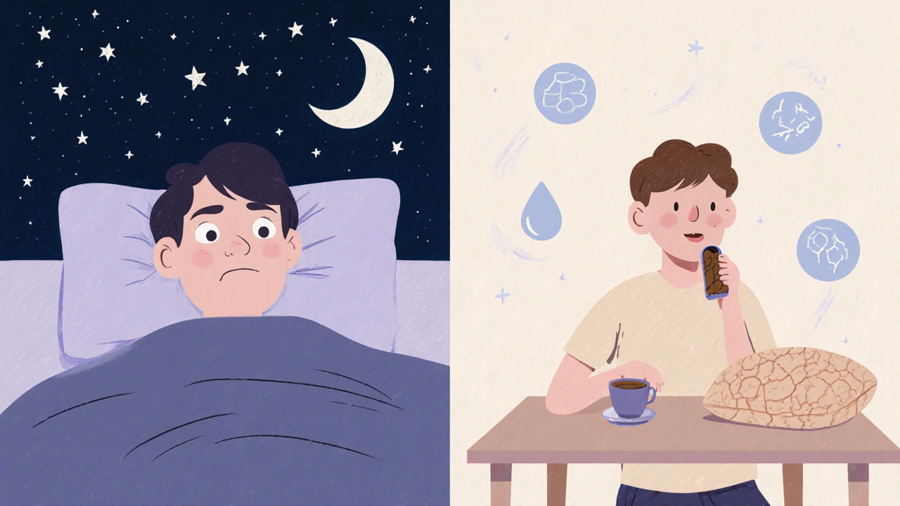 Pastel split scene showing vivid dreams at night and dry mouth during the day.