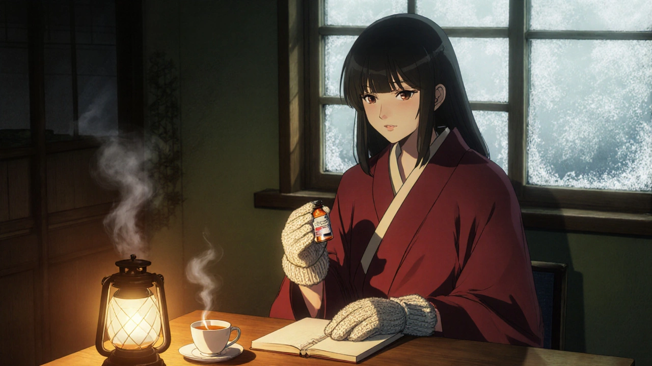 Patient at home writing diary, holding baclofen pills, warm, comfortable scene.