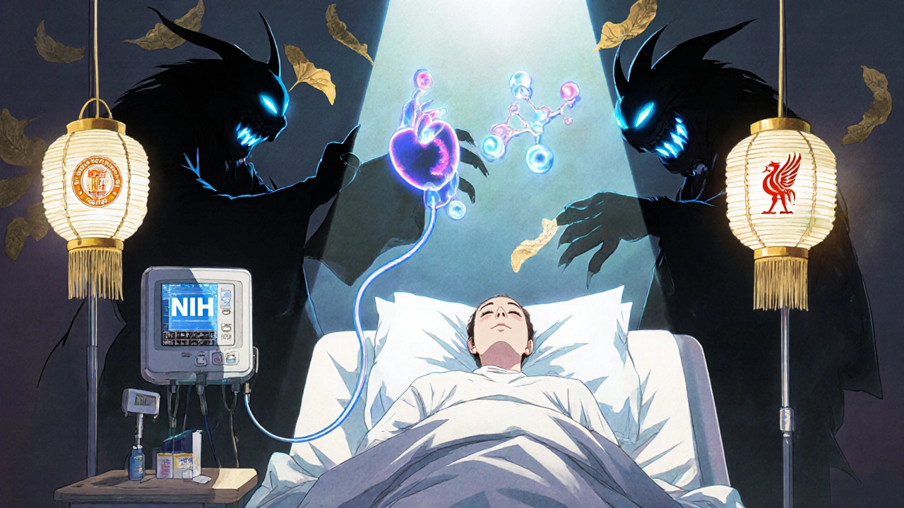 Patient in hospital with dangerous drug molecules looming, light shining on safer HIV medications.