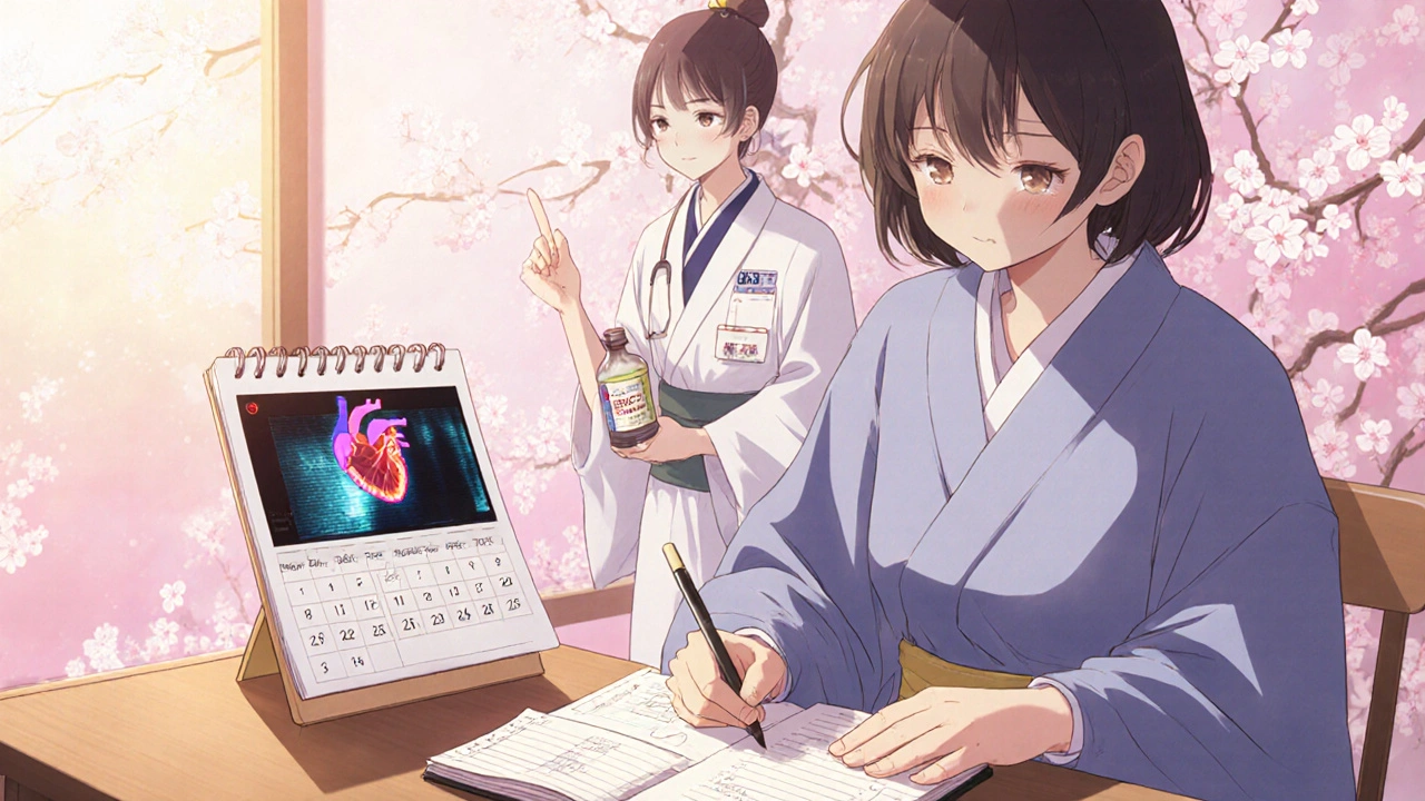 Patient writing in a diary beside a heart scan, with doctor offering medication.