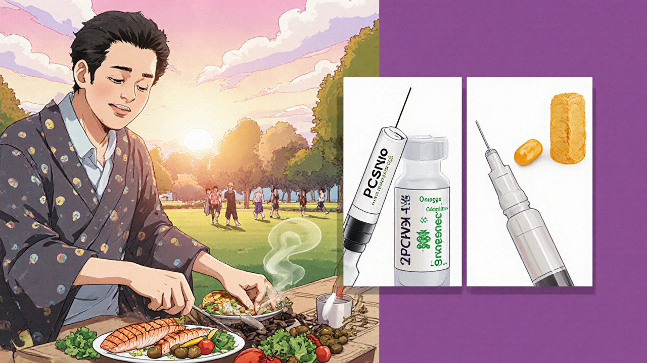 Person enjoying Mediterranean food and non‑statin treatments after stopping statins.