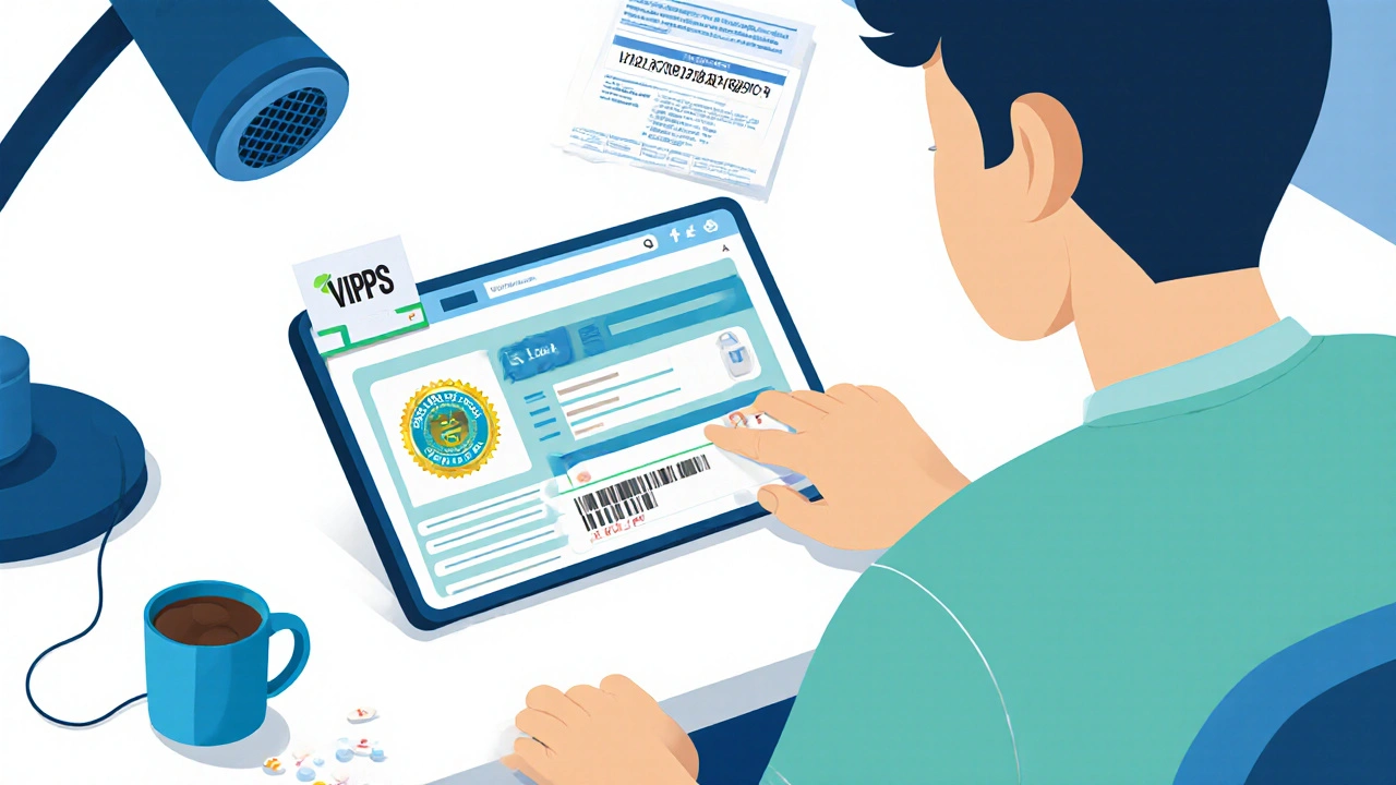Person reviewing a tablet with pharmacy verification icons on a desk.