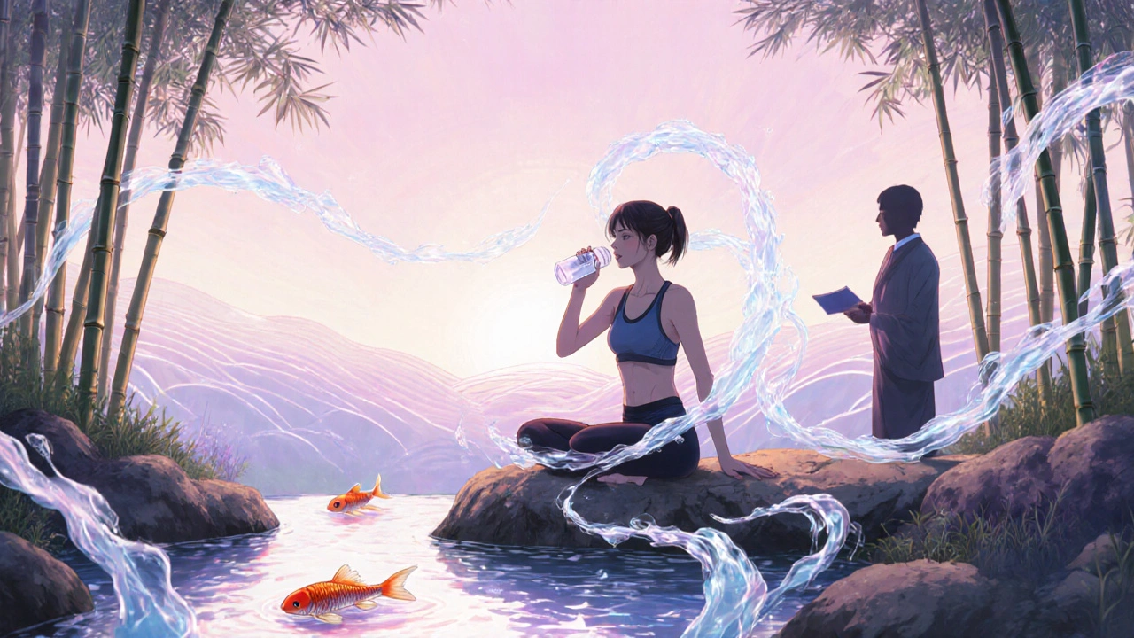 Person stretching near a pond, drinking water, with subtle therapist presence.