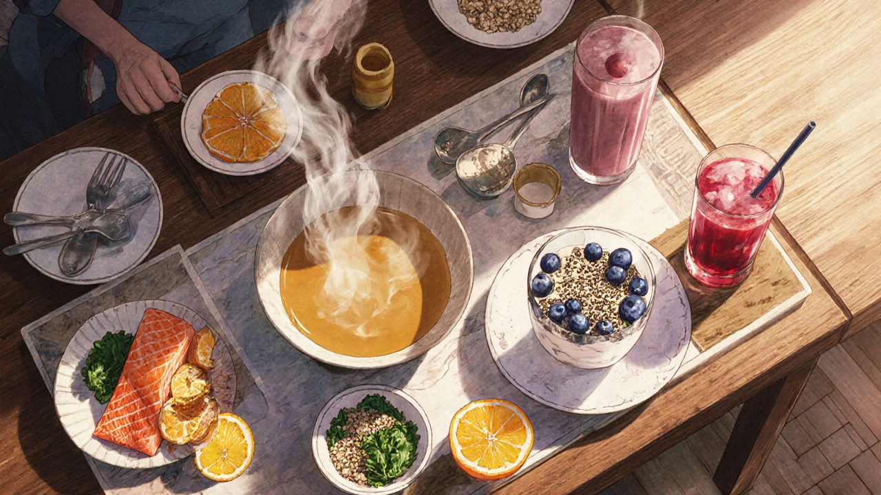Table display of collagen, omega‑3, and vitamin C rich foods in a kitchen setting.