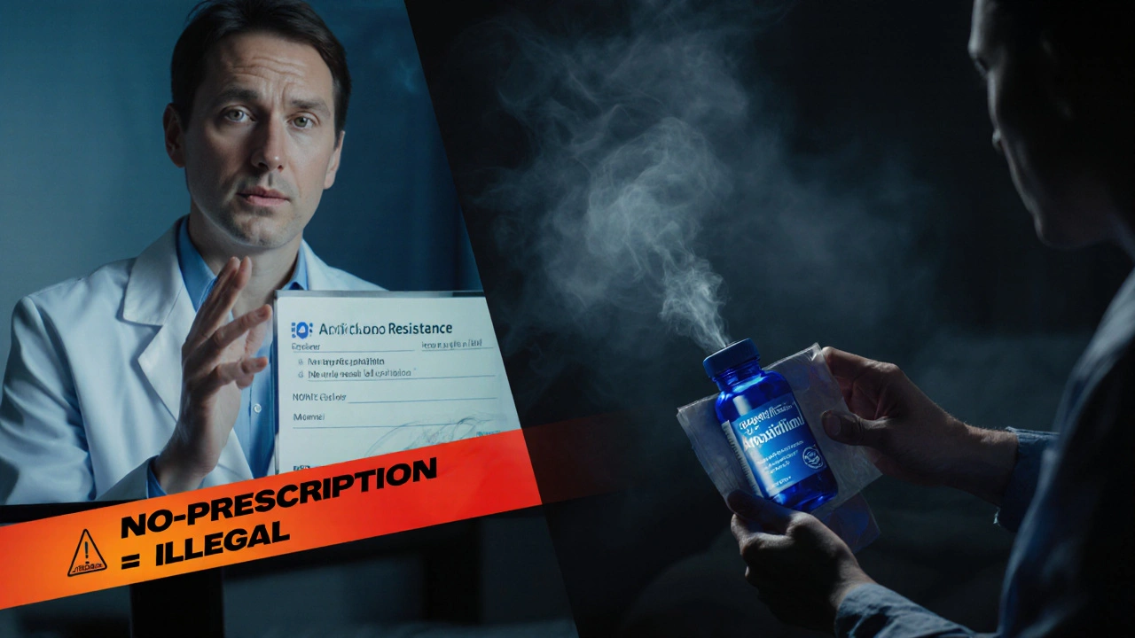 Telehealth doctor issuing prescription while patient receives amoxicillin package, warning overlay.