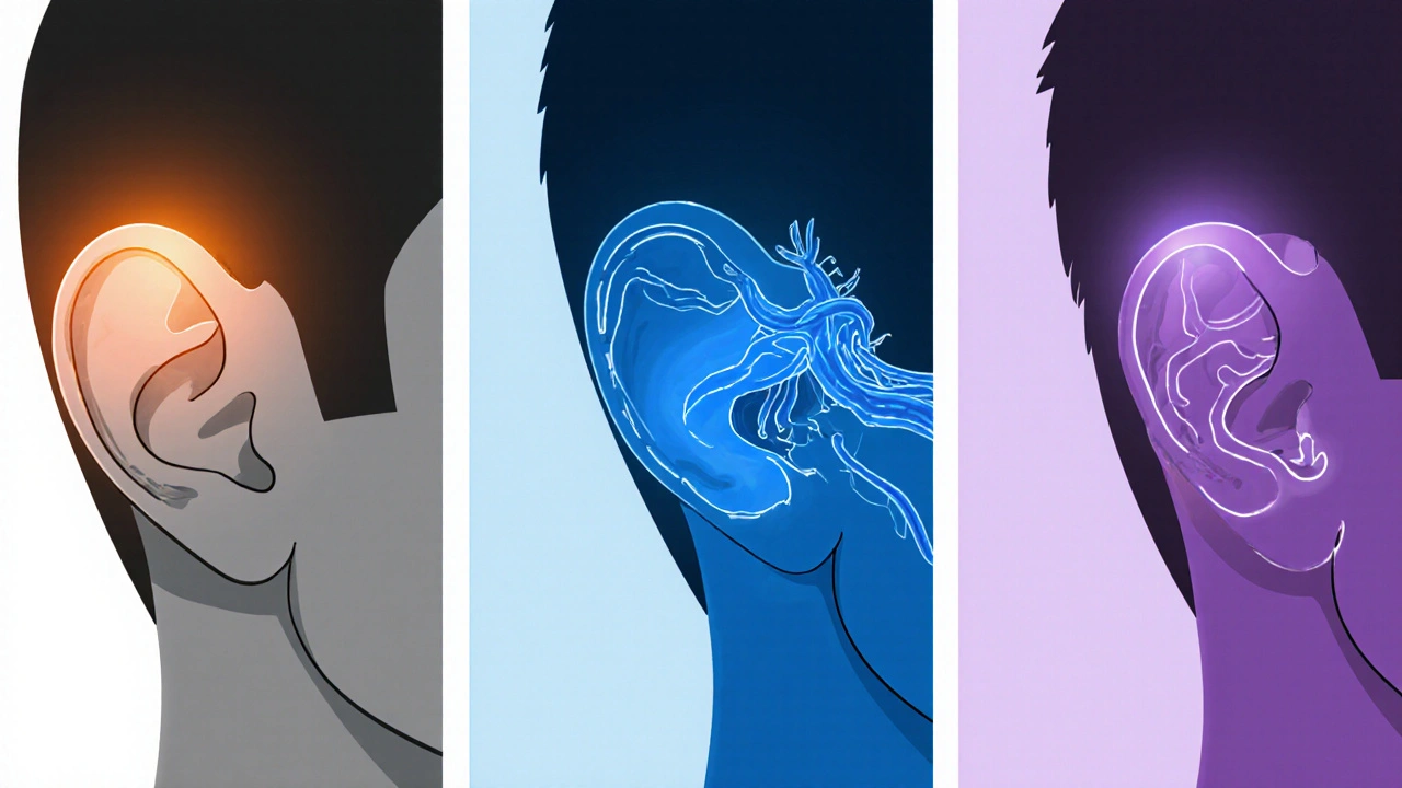 Three panels illustrating conductive (amber), sensorineural (blue), and mixed (violet) hearing loss.
