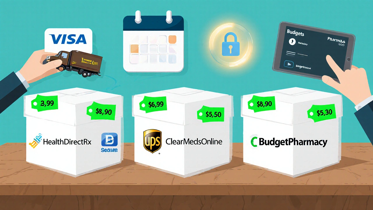 Three pharmacy boxes with price tags and secure payment icons on a counter.