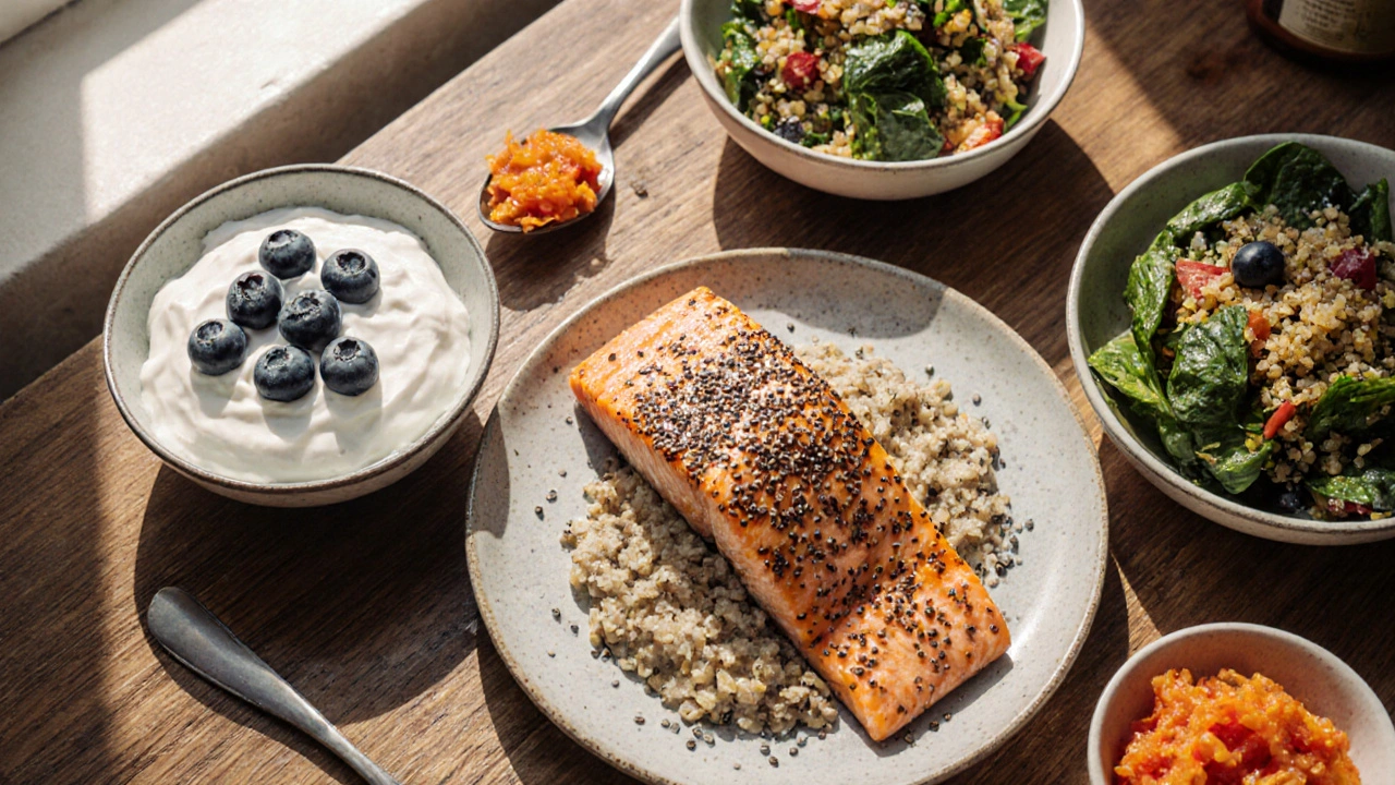 Top‑down photo of salmon, oatmeal, yogurt, salad, and kimchi on a kitchen counter.
