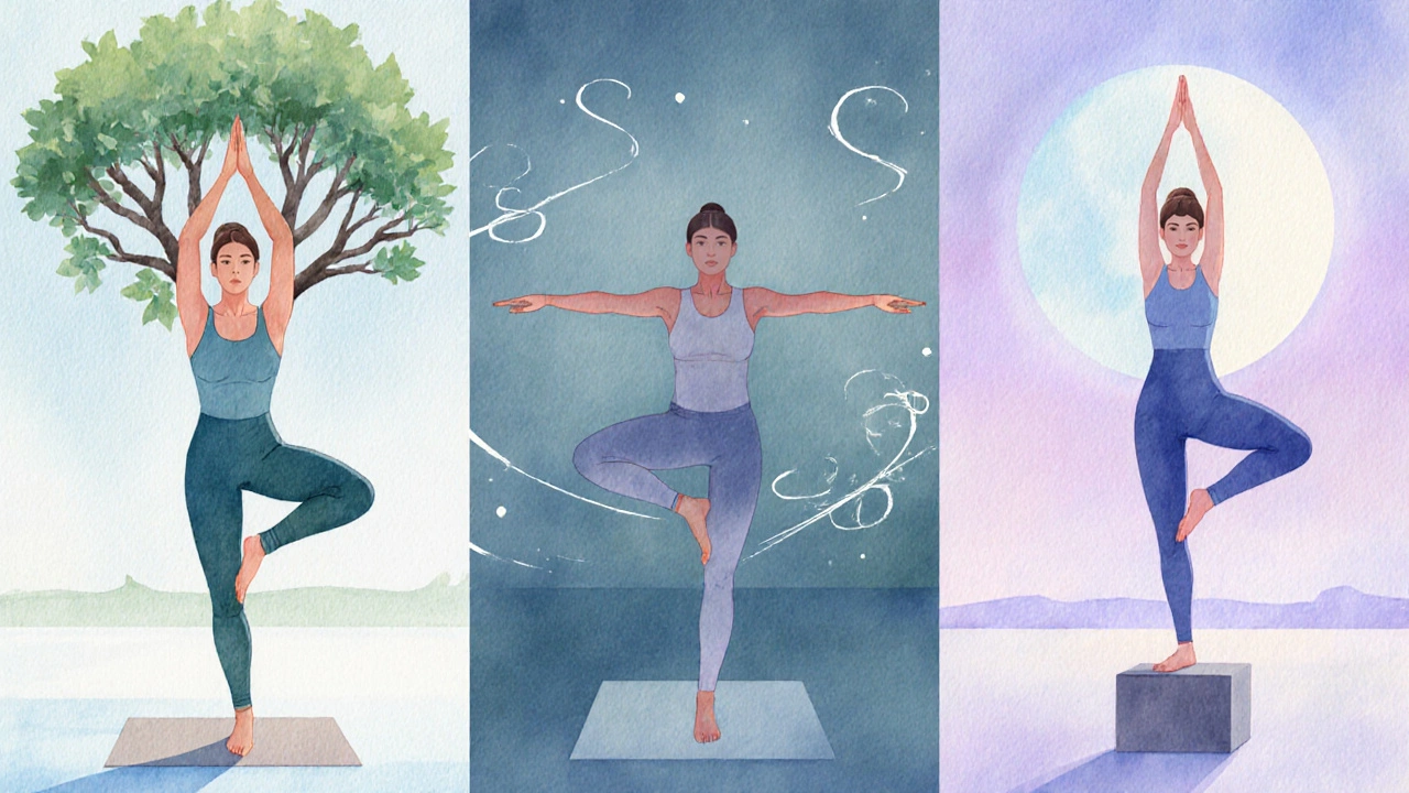 Watercolor of a woman moving through Tree Pose, Warrior II, and Half Moon Pose in a studio.