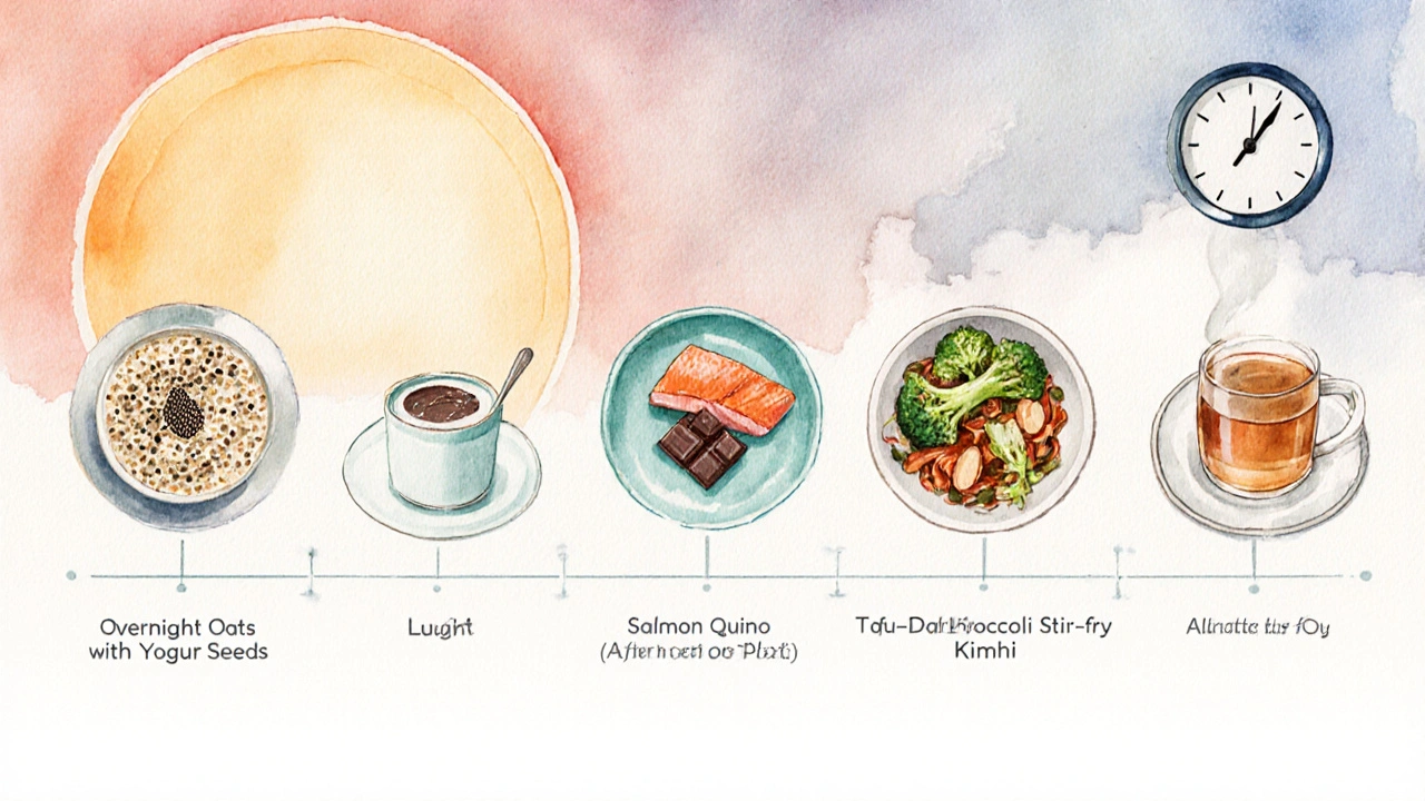 Watercolor series showing a day&#039;s panic‑friendly meals from breakfast to dinner.
