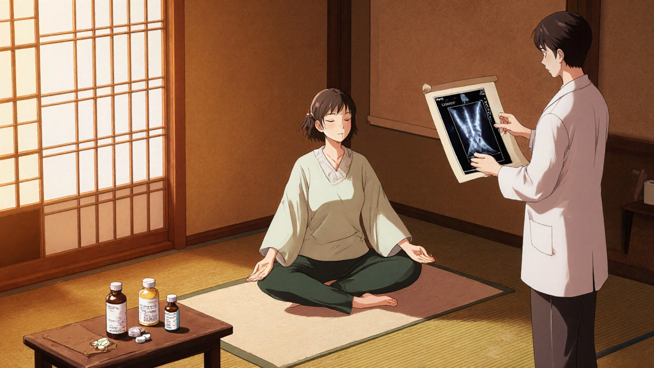 Woman doing yoga while doctor reviews bone scan and supplements.