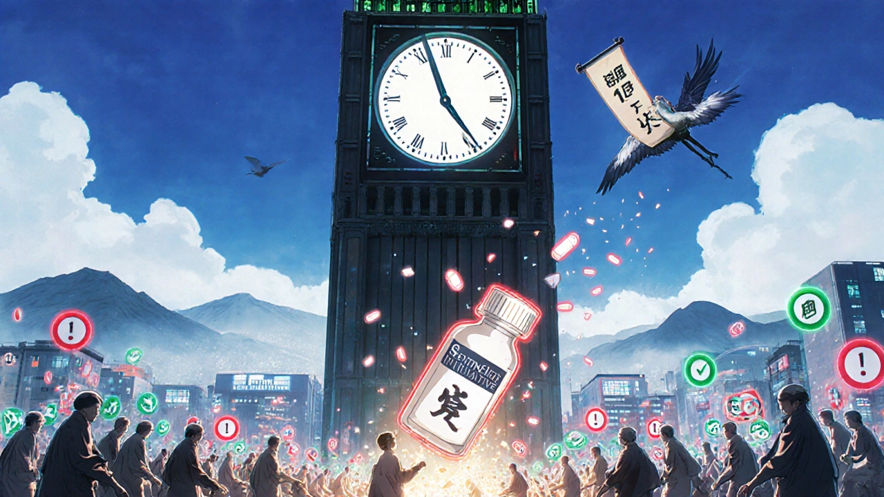 A city clock ticks to July 2025 as people carry pills, some glowing red with warnings, a crane flies with a safety scroll.
