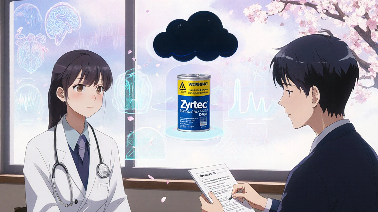 A doctor and teen discuss allergy medication risks, with floating medical data and a warning symbol between them.