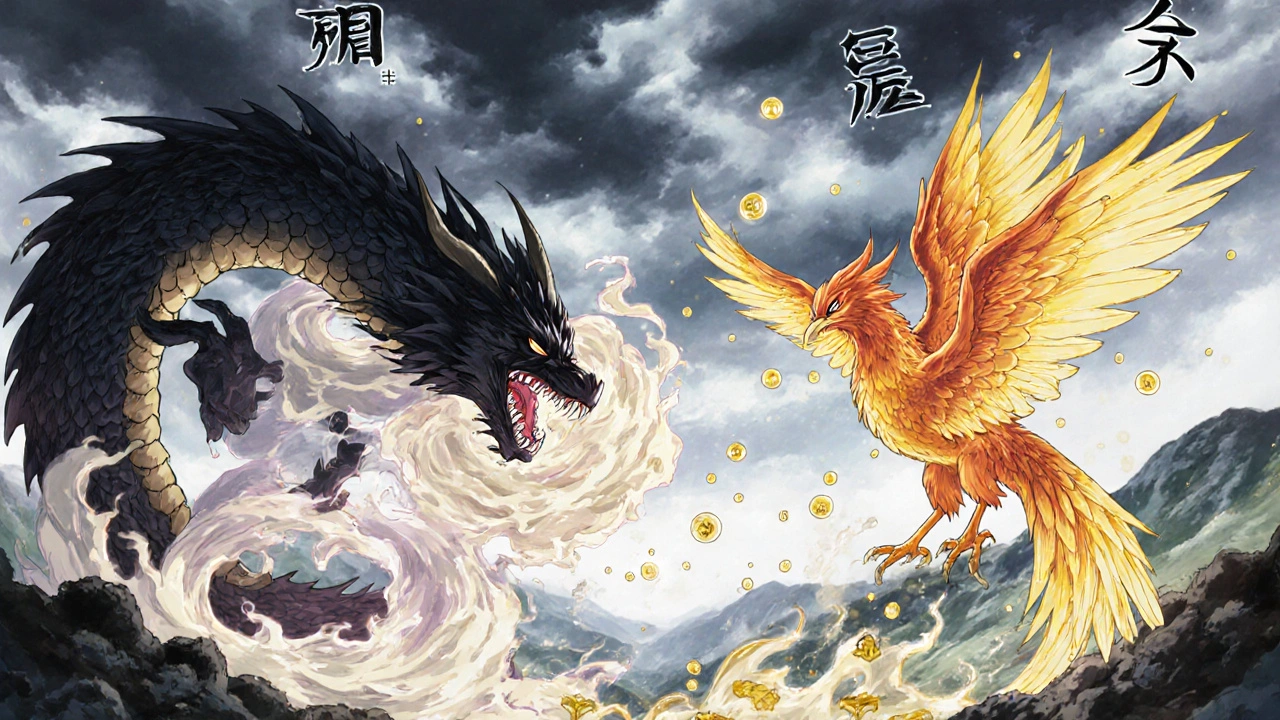 A dragon tries to suppress mucus clouds while a phoenix releases golden droplets in a lung-shaped valley.