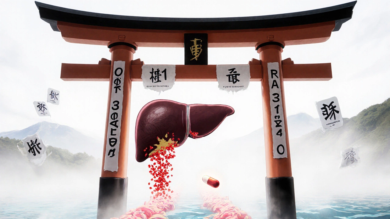 A liver as a torii gate shows blocked pathways with red drug particles, while pravastatin flows cleanly through.
