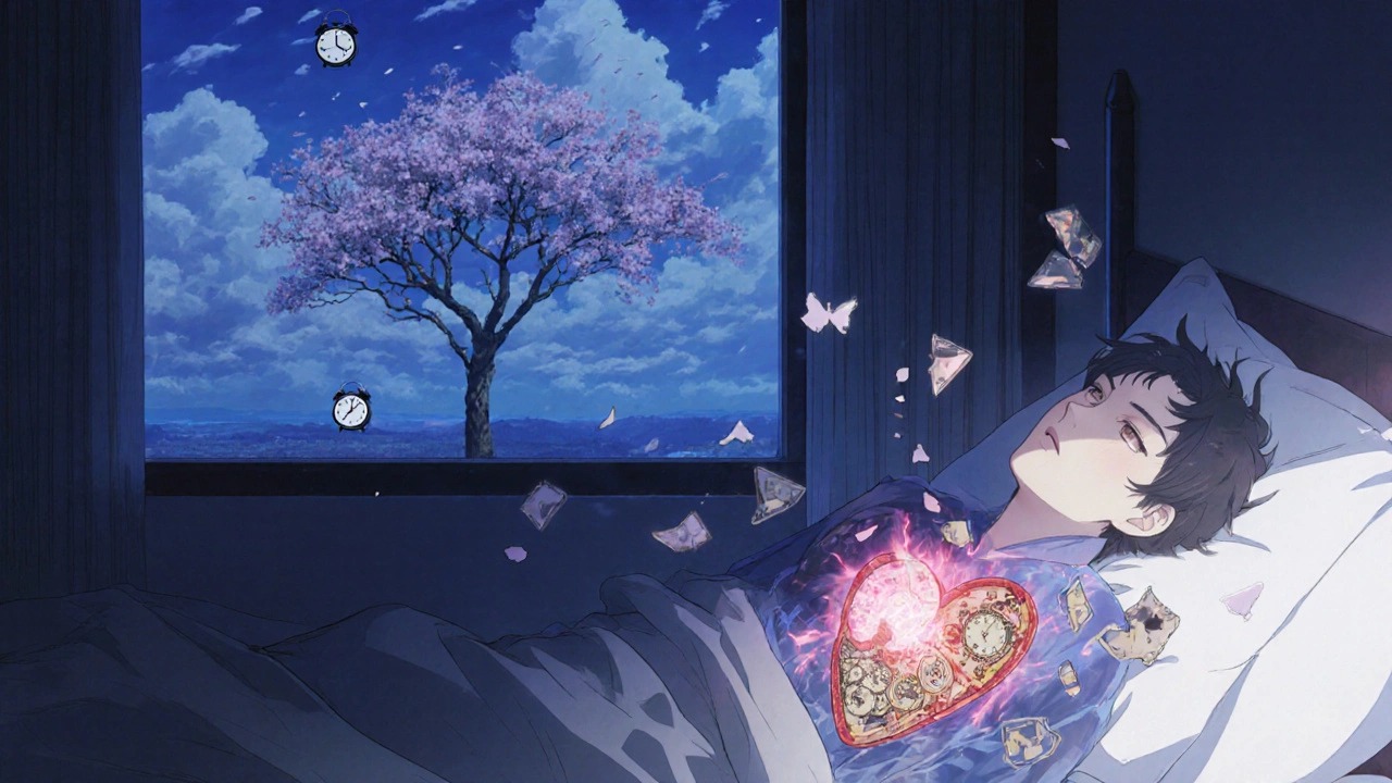 A man waking at 3 a.m., his transparent body revealing a chaotic heart and floating lost memories.