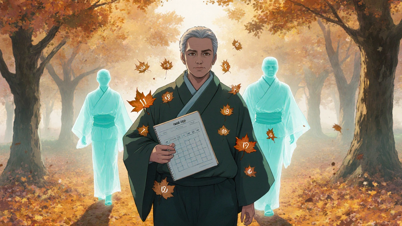 A man walks through an autumn park holding a mood logbook, each fallen leaf labeled with an emotional rating, ghostly versions of his past and future selves beside him.