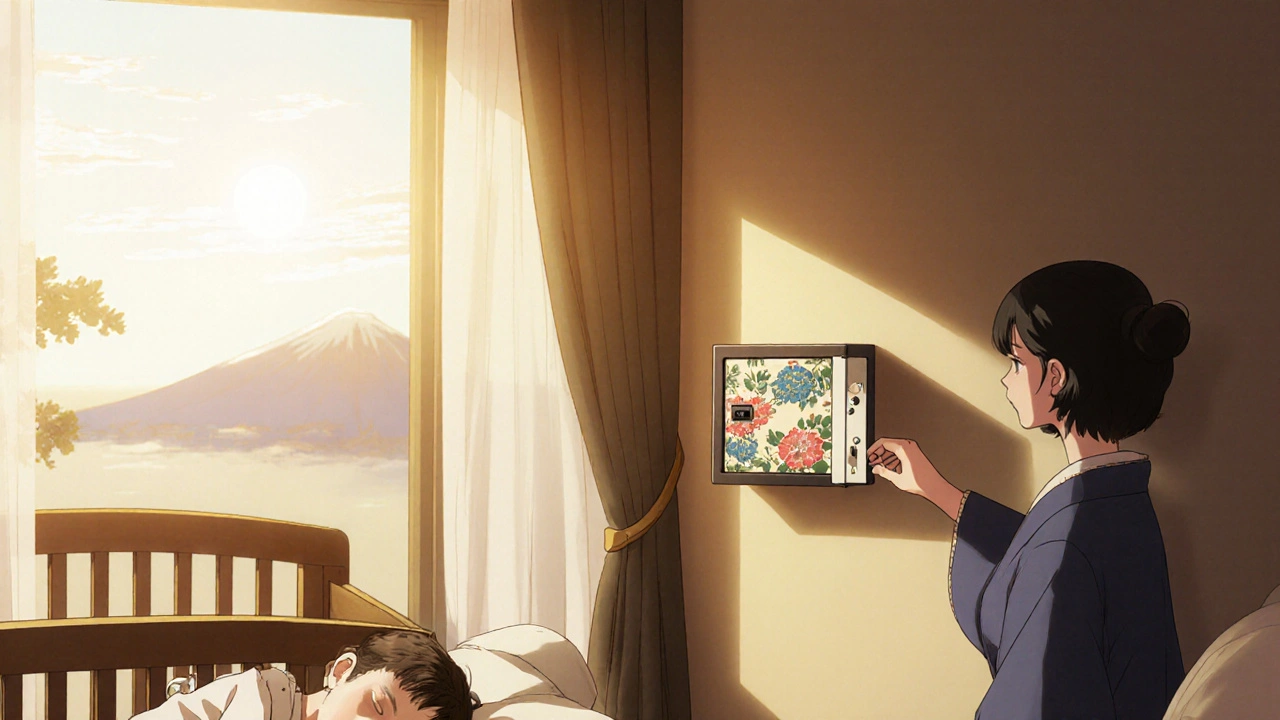 A parent locking medications in a safe as a child sleeps peacefully nearby, golden light illuminating the scene.