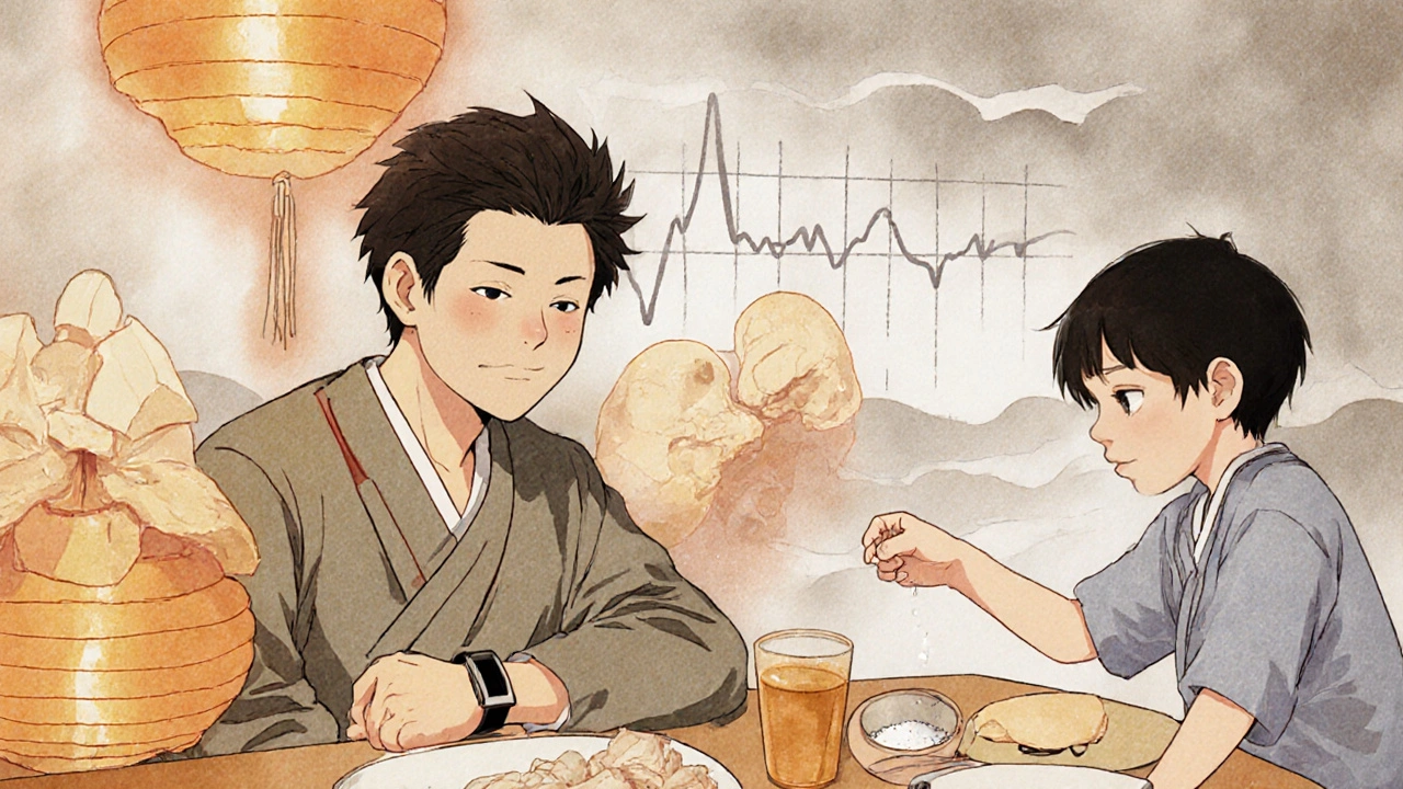 A parent smiles at dinner while hiding a medical bracelet, adrenal glands crumbling like lanterns behind them.