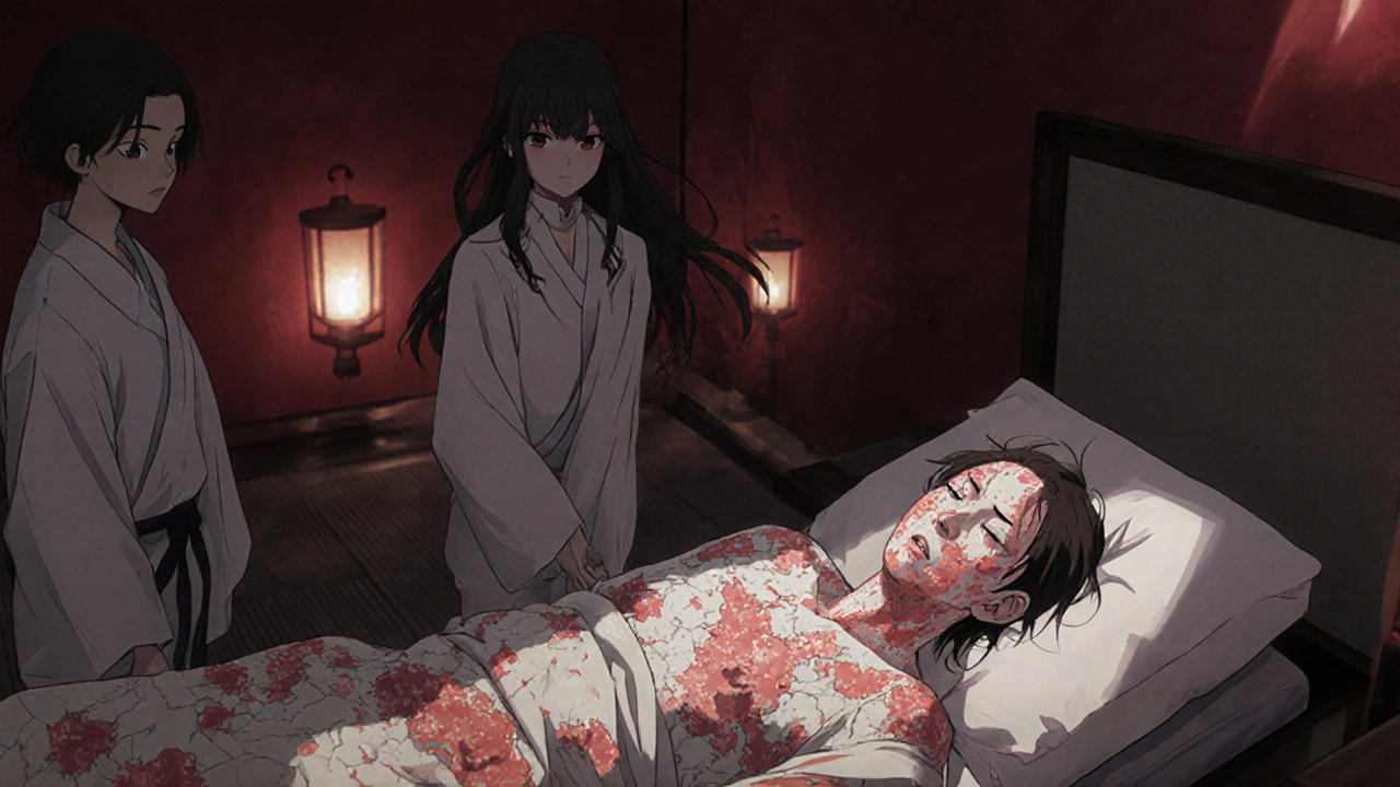 A patient in a hospital bed has peeling skin like porcelain, with blisters glowing faintly under shadowy lantern light.